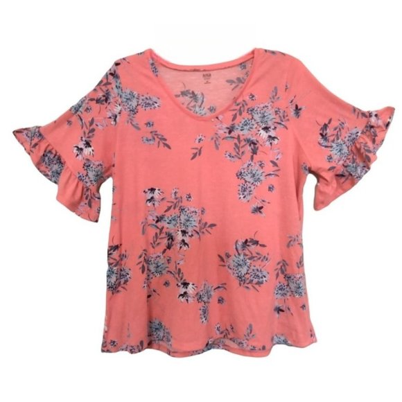 A New Approach Tops - A NEW APPROACH BLUE FLORAL V-NECK RUFFLE SLEEVE TOP SIZE 2X